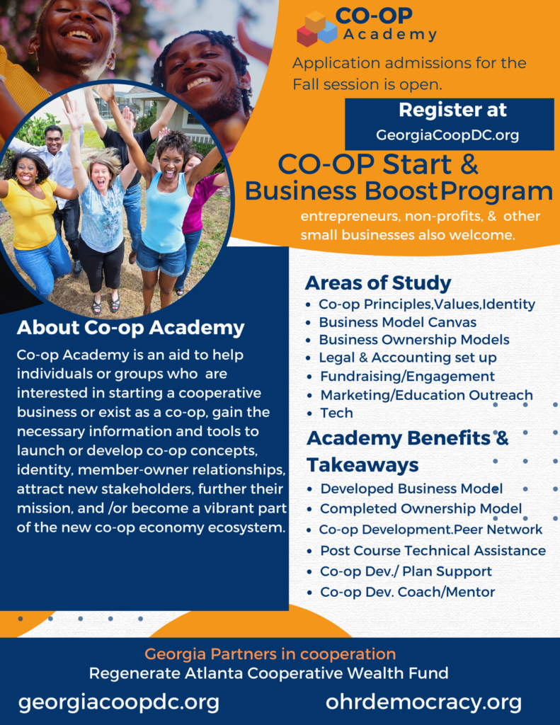 A flyer describing the Co-op Academy, all information is duplicated in the site text.